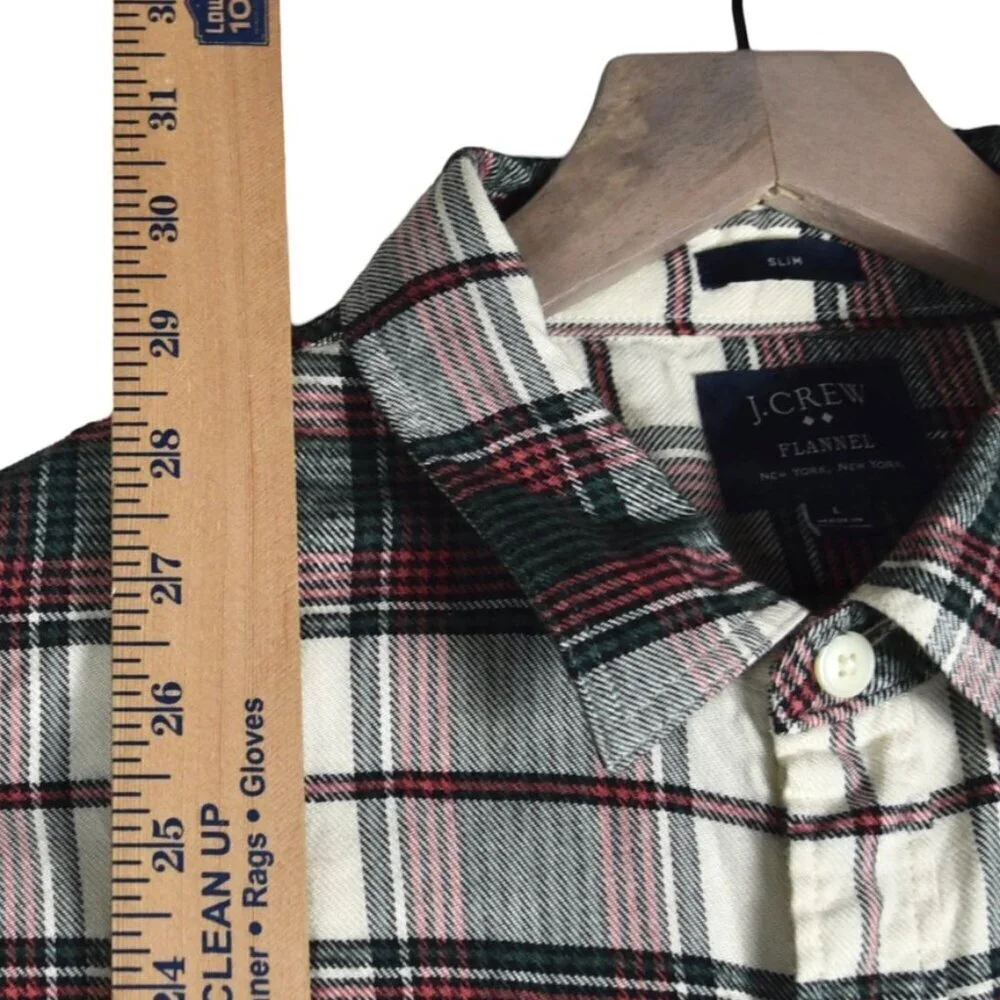 J. CREW Men's Slim Fit Flannel Shirt Sz L Ivory Green Plaid Grunge Hipster Soft